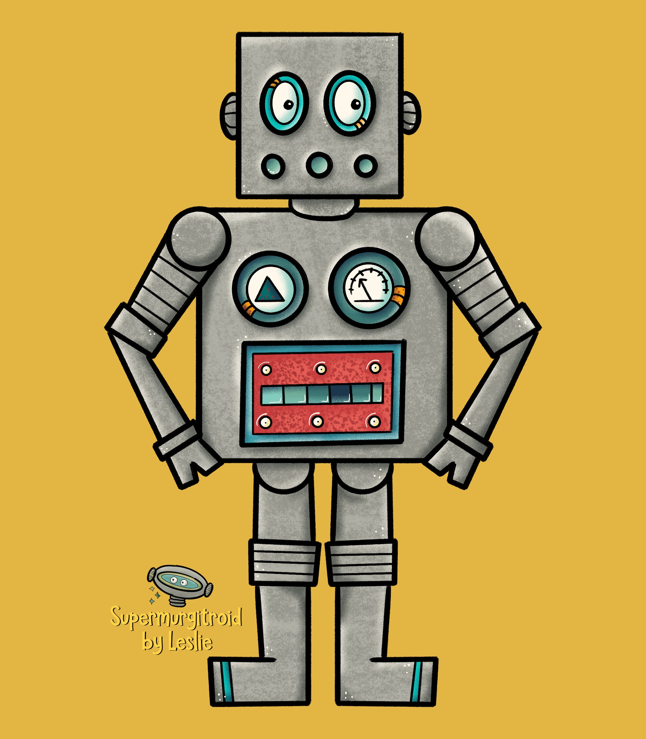 Digital illustration of a square robot with heavy gauges on its chest.